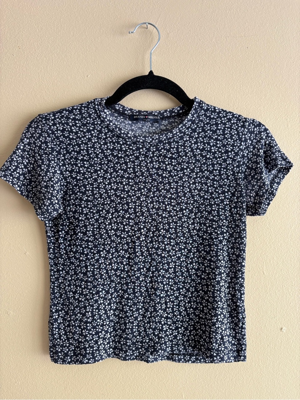 Brandy Melville Navy Floral Baby Tee One Size Semi Sheer Y2K Top